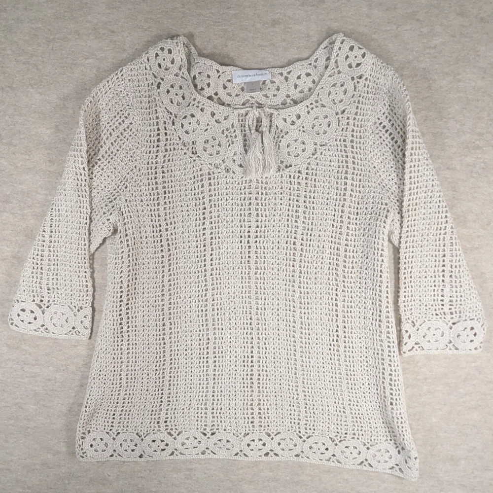 100% Cotton Gorgeous Oatmeal Beachy Natural Boho Crunchy Crochet Top Open Knit L